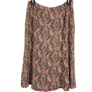 Talbots Petite Pure Silk Paisley Midi A-Line Red Beige Skirt Side Zip sz 10P